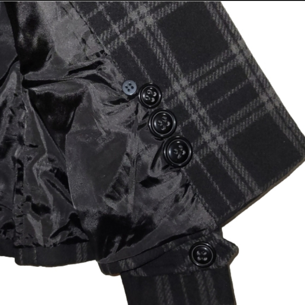 Giacca Plaid Black & Gray Wool Blend Military Style Peacoat - Picture 3 of 7